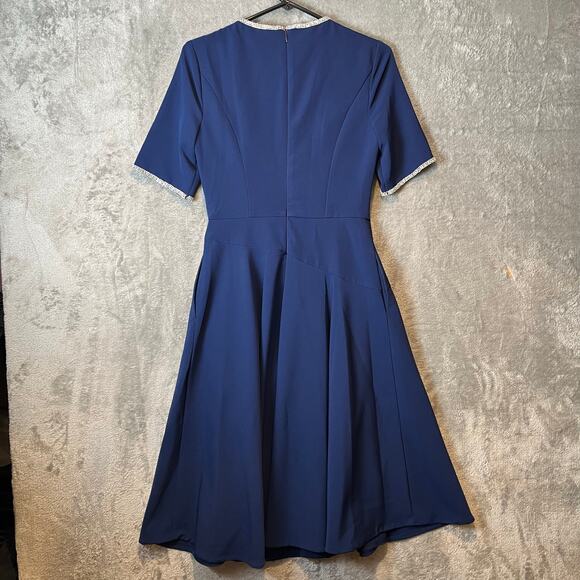 Kay Unger Navy Blue Fit & Flare Dress Elegant Draped Bodice Rhinestone Trim Sz 4 - Picture 7 of 9